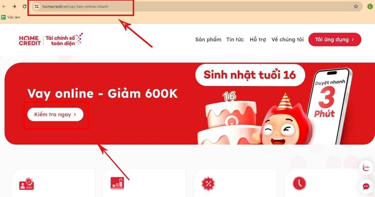 Chọn Kiểm tra ngay tại website Home Credit