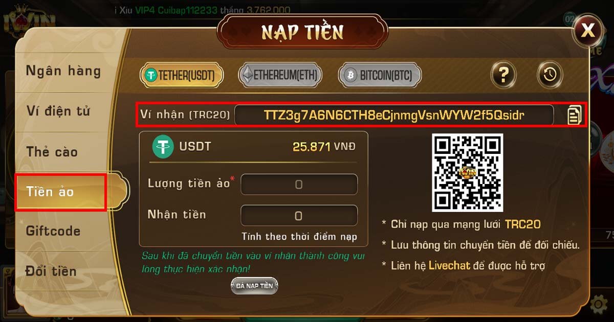 Nạp tiền Iwin Club qua Tiền ảo USDT